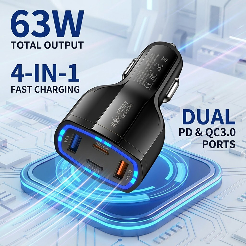 Usb C Power Adapter - شاحن سيارة متعدد المنافذ بقوة 63